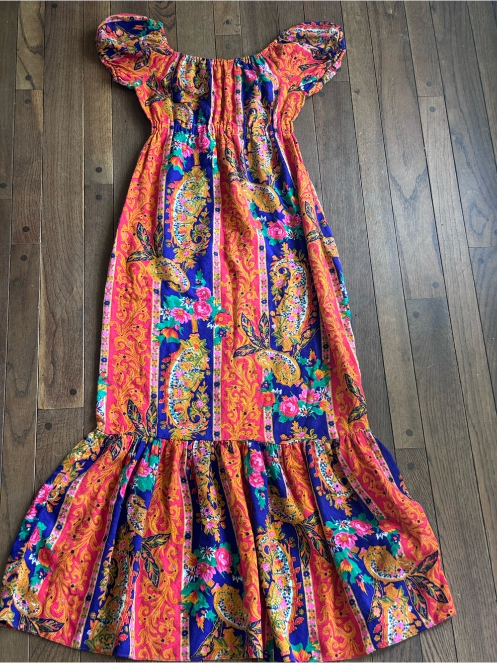 Mid Century Boho Maxi Dress - Orange Paisley Floral Print - 1960s Cracker Jax